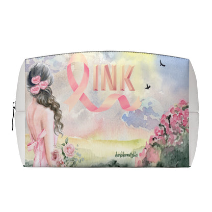 PU Cosmetic Bag Pastel Pink, Breast Cancer Awareness, Open Field, Day, Birds, Flowers, Bows and Ribbons, Watercolor Sunlight (Designed by Dunbi)