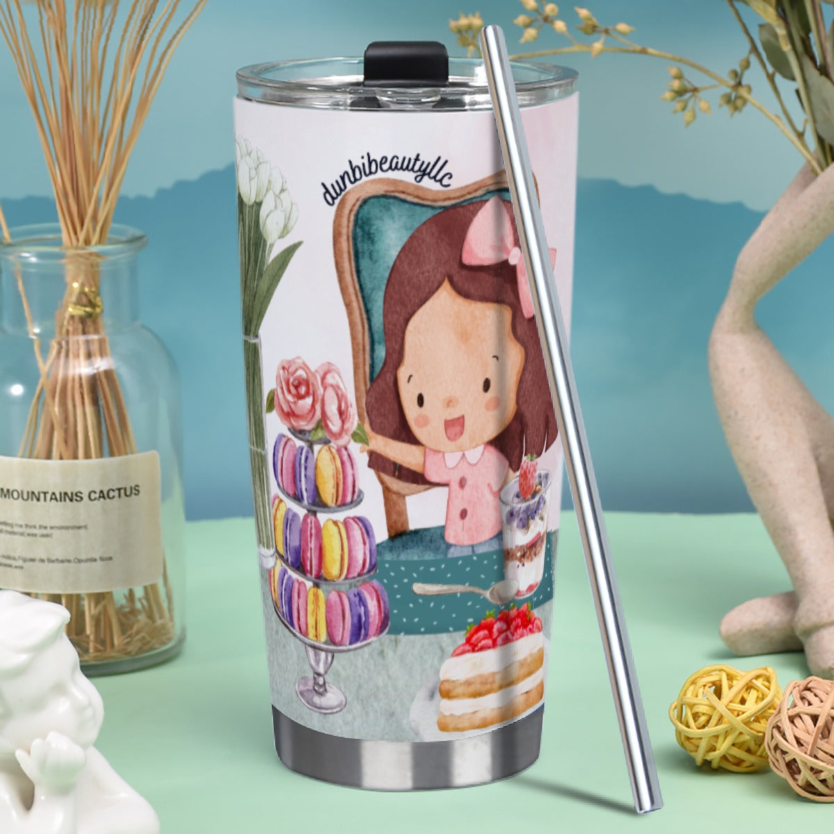 Tumbler 20oz (with Straw) Girl, Tea Party, Happy, Cute, Cake, Macarons, Cupcake, Tea, Snacks, Party, Bow, Parfait, Dessert (Designed by Dunbi)