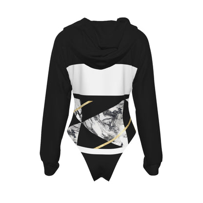 All-Over Print Women's Raglan Sleeve Hooded Bodysuit Black (Upper Chest and Back, and Sleeves), Gold, White, Marble, Geometric, 90s Inspired, Retro (Designed by Dunbi)