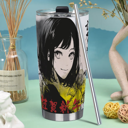 Tumbler 20oz (with Straw) Japan, Japanese, Red, Blue, Green, Yellow, Architecture, Pretty Girl, Tiger, Kanji, Nature, Mountain, Watercolor (Designed by Dunbi)