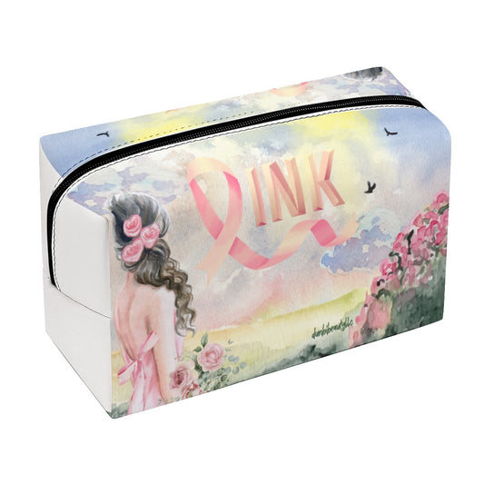 PU Cosmetic Bag Pastel Pink, Breast Cancer Awareness, Open Field, Day, Birds, Flowers, Bows and Ribbons, Watercolor Sunlight (Designed by Dunbi)