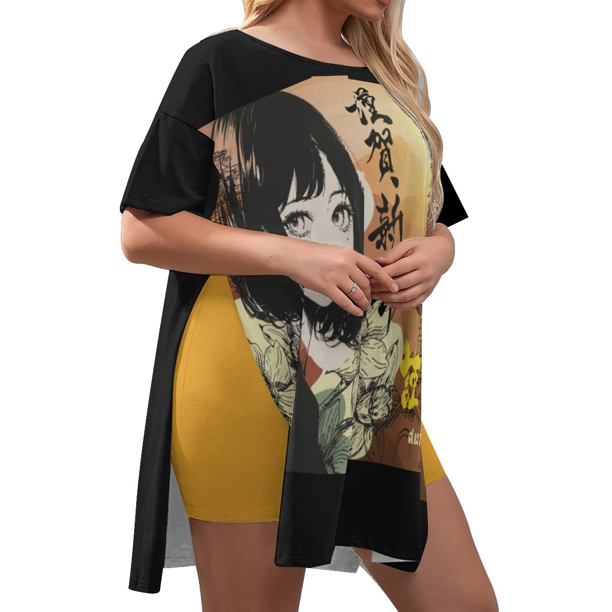 All-Over Print Women's Drop-Shoulder T-Shirt with Side Split and Shorts (Plus Size) Japan, Japanese, Red, Crane, Architecture, Pretty Girl, Tiger, Kanji, Sunrise (Designed by Dunbi)