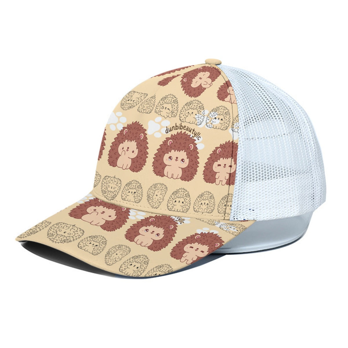 Unisex Peaked Cap With White Half-mesh Hedgehog, Kawaii, Animals, Paw Prints, Happy, Cute, Sleepy, Baby Animals, Brown, White (Designed by Dunbi)