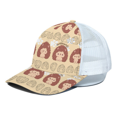 Unisex Peaked Cap With White Half-mesh Hedgehog, Kawaii, Animals, Paw Prints, Happy, Cute, Sleepy, Baby Animals, Brown, White (Designed by Dunbi)