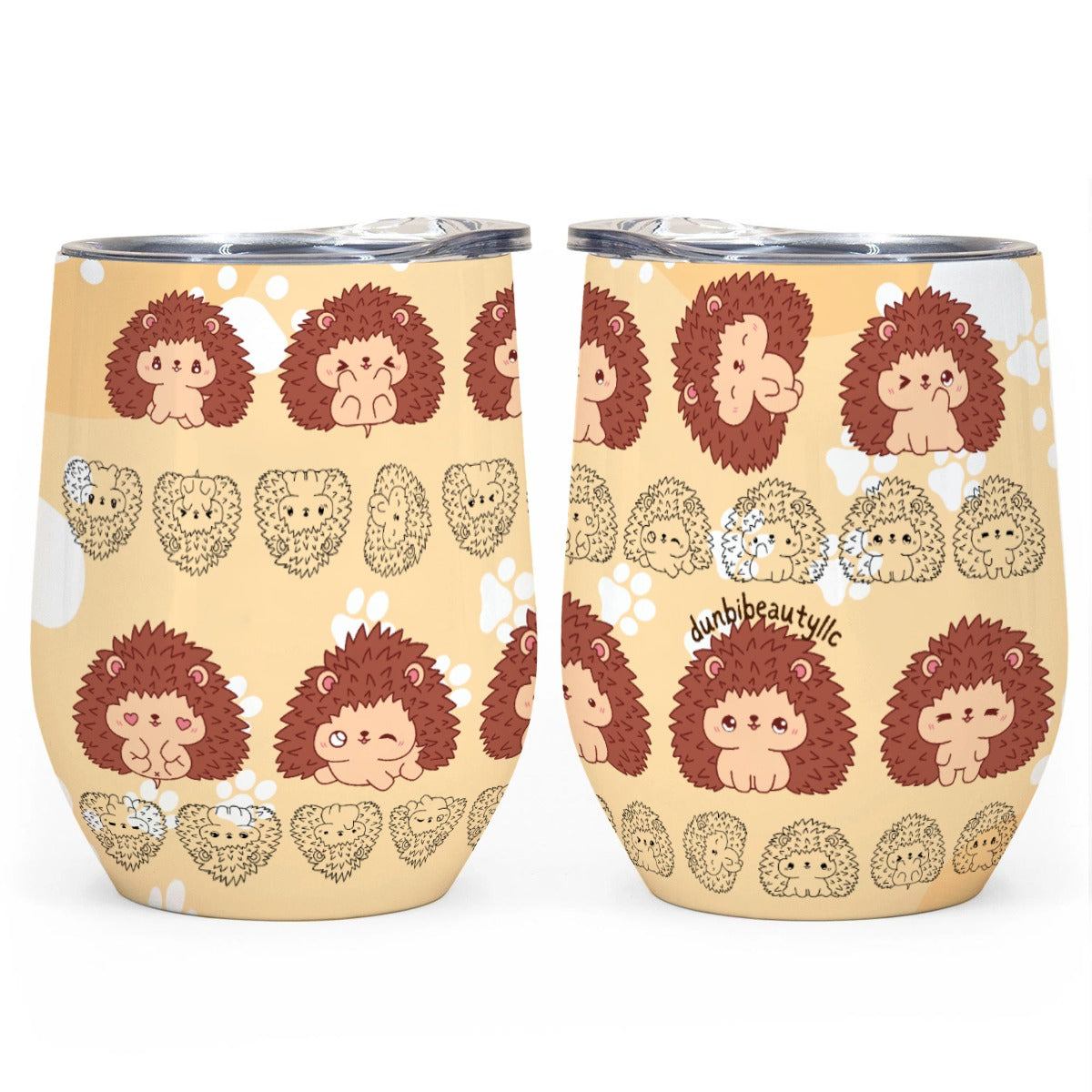 All-Over Print Egg Cup Wine Tumbler|12OZ Hedgehog, Kawaii, Animals, Paw Prints, Happy, Cute, Sleepy, Baby Animals, Brown, White (Designed by Dunbi)