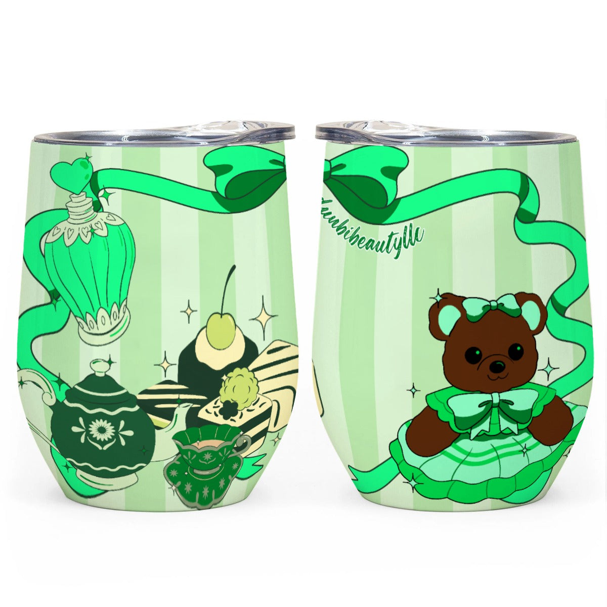 All-Over Print Egg Cup Wine Tumbler|12OZ Cute Teddy Bear, Tea Party, Ribbon, Bows, Cakes, Cute, Victorian, Doll, Cute Girl, Green Style 1, Stripes (Designed by Dunbi)