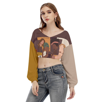 All-Over Print Women's V-neck Long Sleeve Cropped Sweatshirt Afro Latinas, Latinas, Community, Beauty, Grace, Style, Fashion. Trendsetters (Designed by Dunbi)