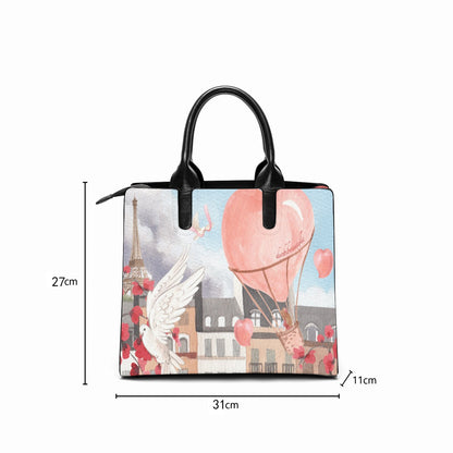 Fashion Square Tote Bag Love Up in a Hot Air Balloon, Paris, Eiffel Tower, Dove, Flowers, Girl, Sky, Hearts (Designed by Dunbi)