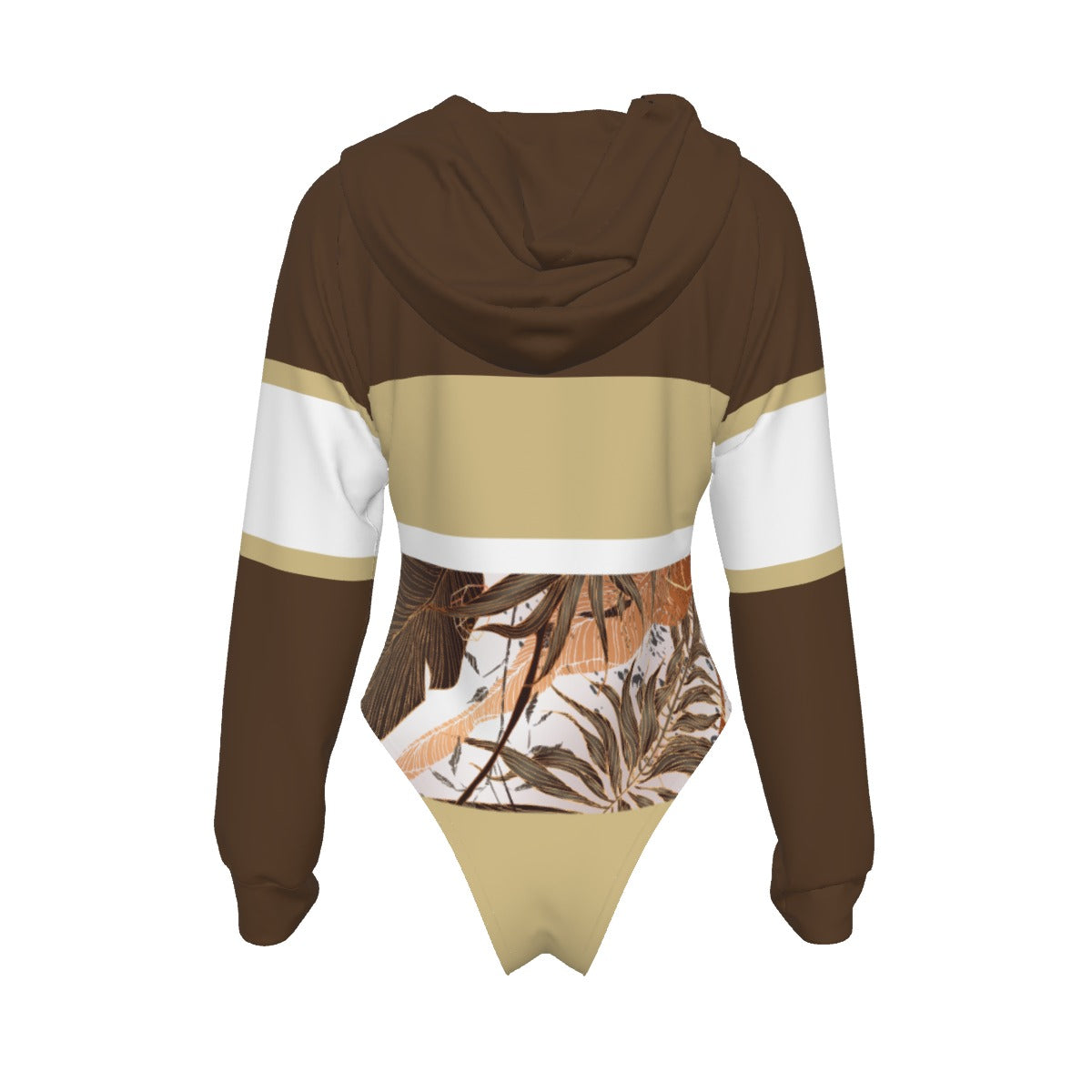 All-Over Print Women's Raglan Sleeve Hooded Bodysuit Dark Brown (Chest, Upper Back, Sleeves and Hood), Beige, White, Copper Gradient Leaves, Tropical, Rustic (Designed by Dunbi)