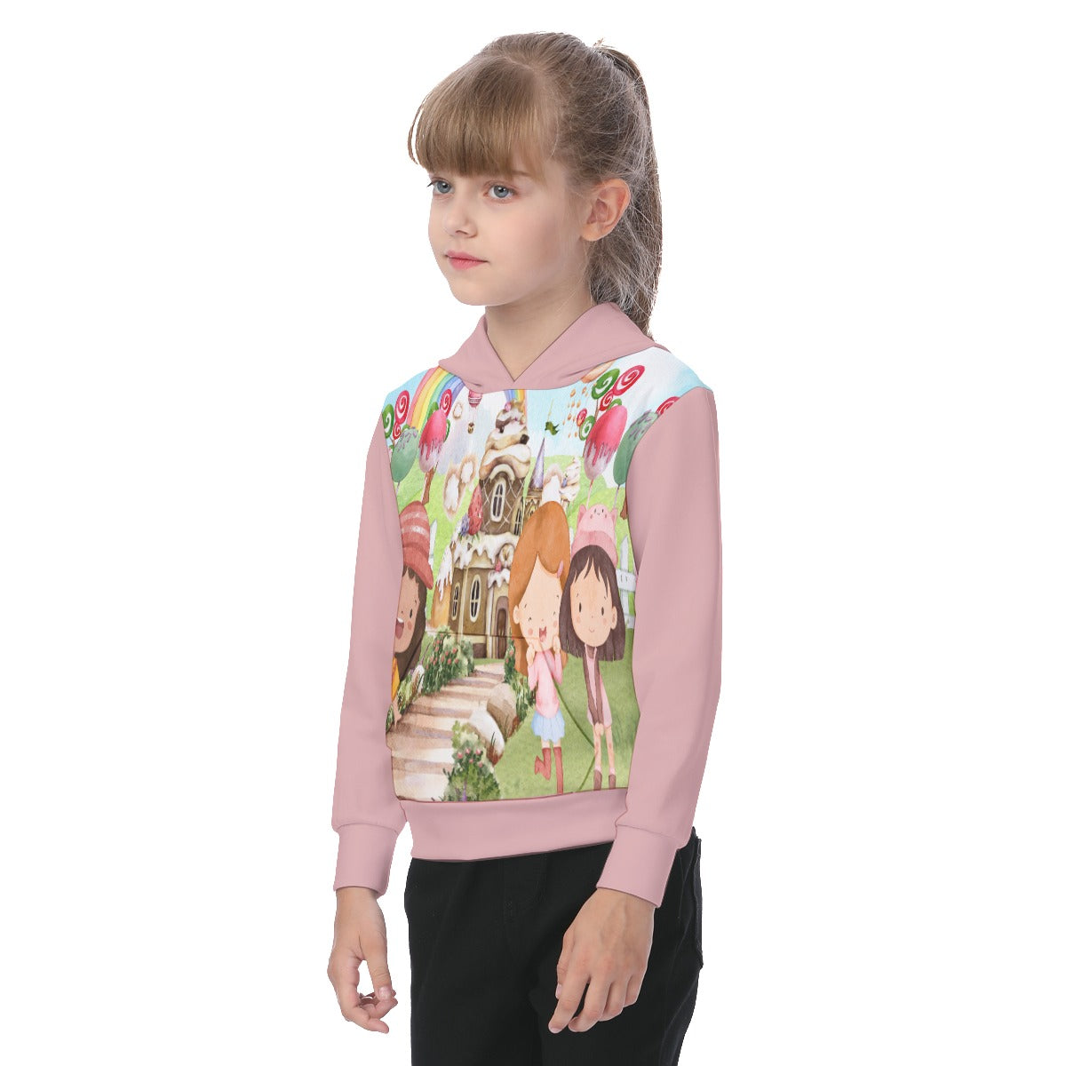 All-Over Print Oversized Kid's Hoodie Watercolor, Candy, Pastel, Lollypops, Chocolate, Treats, Dessert, Girls, Friends, Rainbow, Candy Shop, Hot Air Balloon, Cake Pops, Chocolate Clouds (Designed by Dunbi)