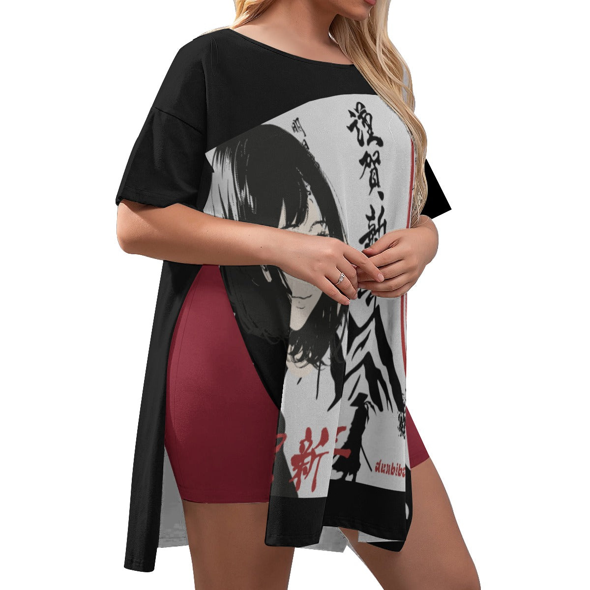 All-Over Print Women's Drop-Shoulder T-Shirt with Side Split and Shorts (Plus Size) Japan, Japanese, Red, Samurai, Pretty Girl, Tiger, Kanji, Mountains (Designed by Dunbi)