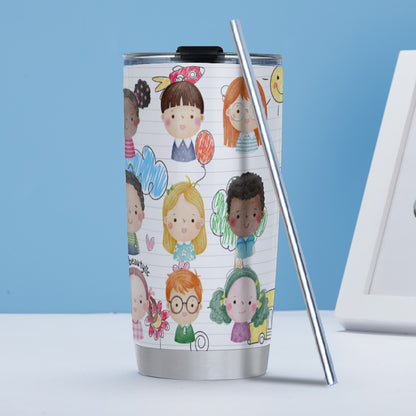 Tumbler 20oz (with Straw) Kids, Notebook, Rocket, Sun, Smiley, School Bus, Tree, Flowers, Hearts, Clouds, Nature, Children, Boys, Girls, Friendship (Designed by Dunbi)