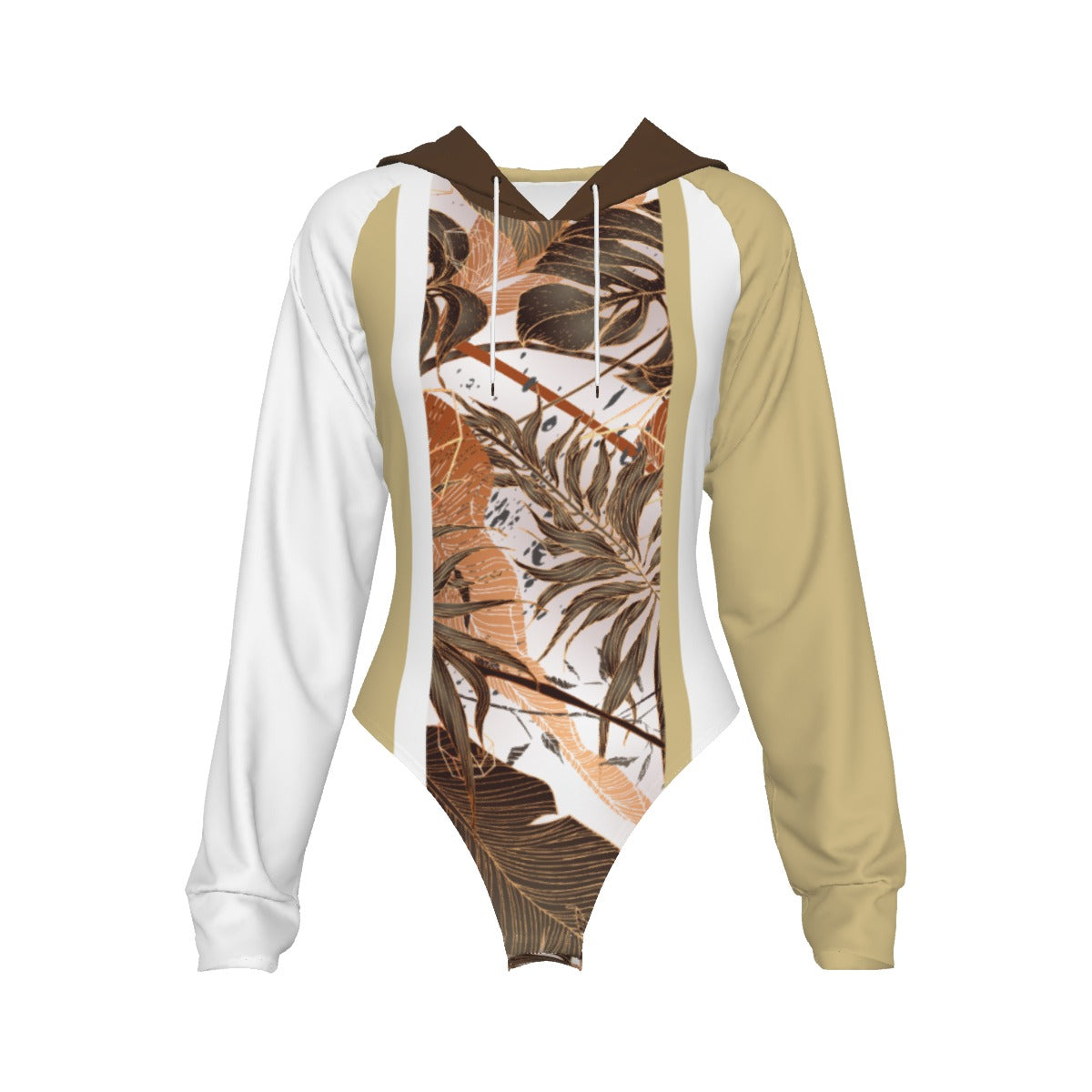 All-Over Print Women's Raglan Sleeve Hooded Bodysuit Dark Brown (Hood Only), Beige, White, Copper Gradient Leaves, Tropical, Rustic (Designed by Dunbi)