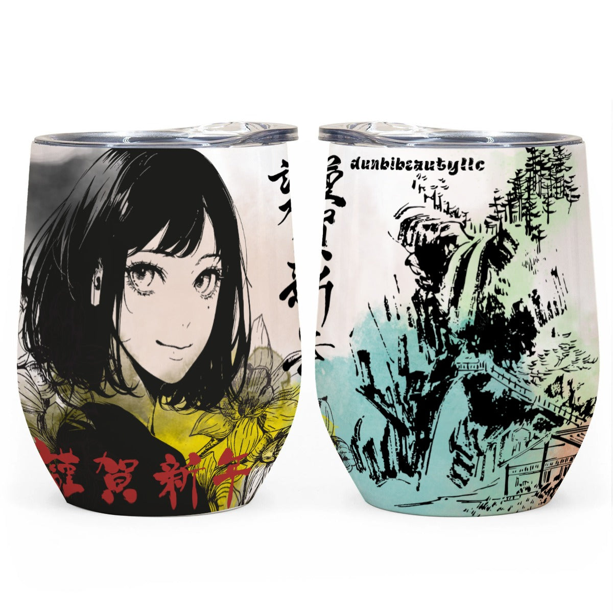 All-Over Print Egg Cup Wine Tumbler|12OZ Japan, Japanese, Red, Blue, Green, Yellow, Architecture, Pretty Girl, Tiger, Kanji, Nature, Mountain, Watercolor (Designed by Dunbi)