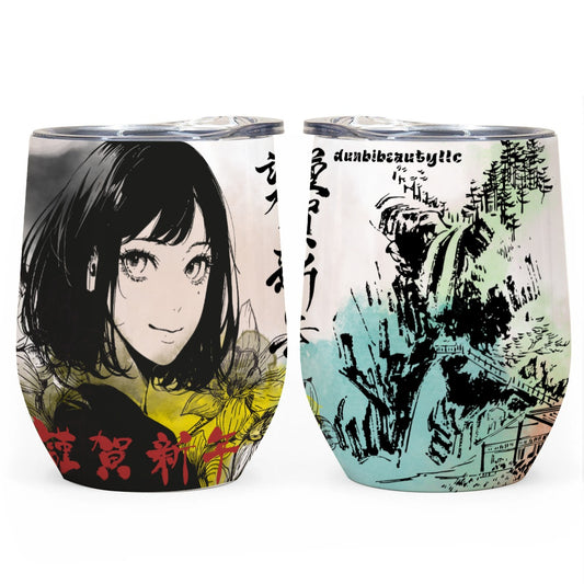 All-Over Print Egg Cup Wine Tumbler|12OZ Japan, Japanese, Red, Blue, Green, Yellow, Architecture, Pretty Girl, Tiger, Kanji, Nature, Mountain, Watercolor (Designed by Dunbi)