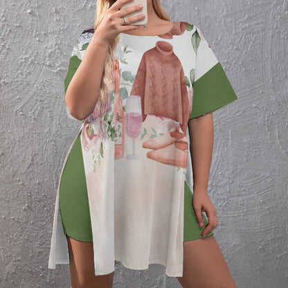 All-Over Print Women's Drop-Shoulder T-Shirt with Side Split and Shorts (Plus Size)  Dusty Rose, Pink, Perfume, High Heels Champagne & Roses, Aesthetic, Feminine, Fashion Green (Designed by Dunbi)