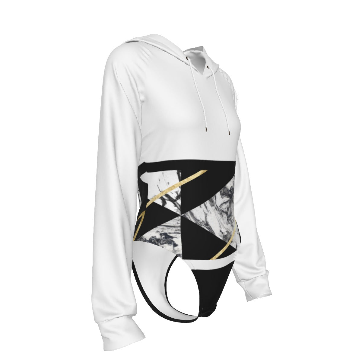 All-Over Print Women's Raglan Sleeve Hooded Bodysuit Black, Gold, White (Upper Body Only), Marble, Geometric, 90s Inspired, Retro (Designed by Dunbi)