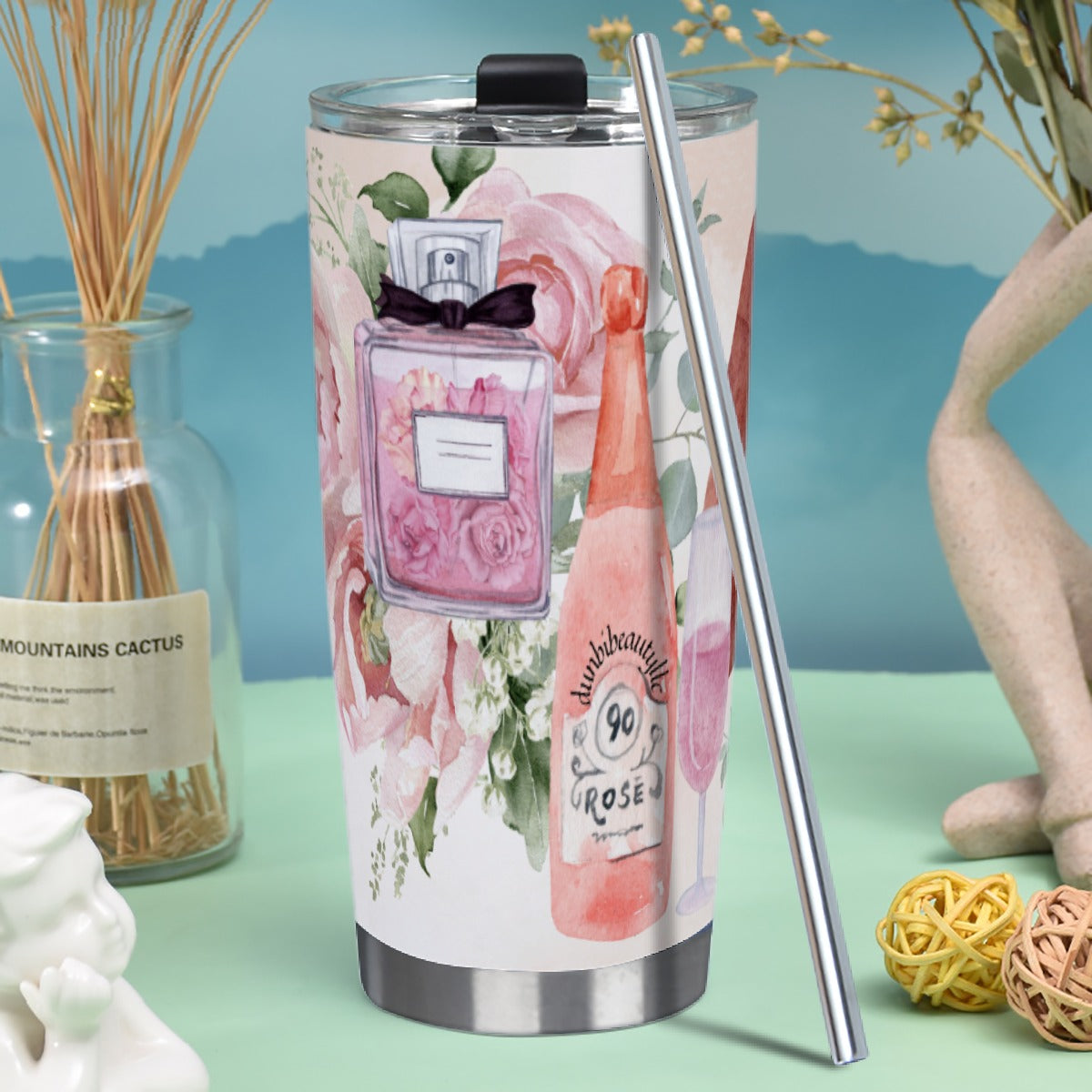 Tumbler 20oz (with Straw) Dusty Rose, Pink, Perfume, High Heels Champagne & Roses, Aesthetic, Feminine, Fashion (Designed by Dunbi)