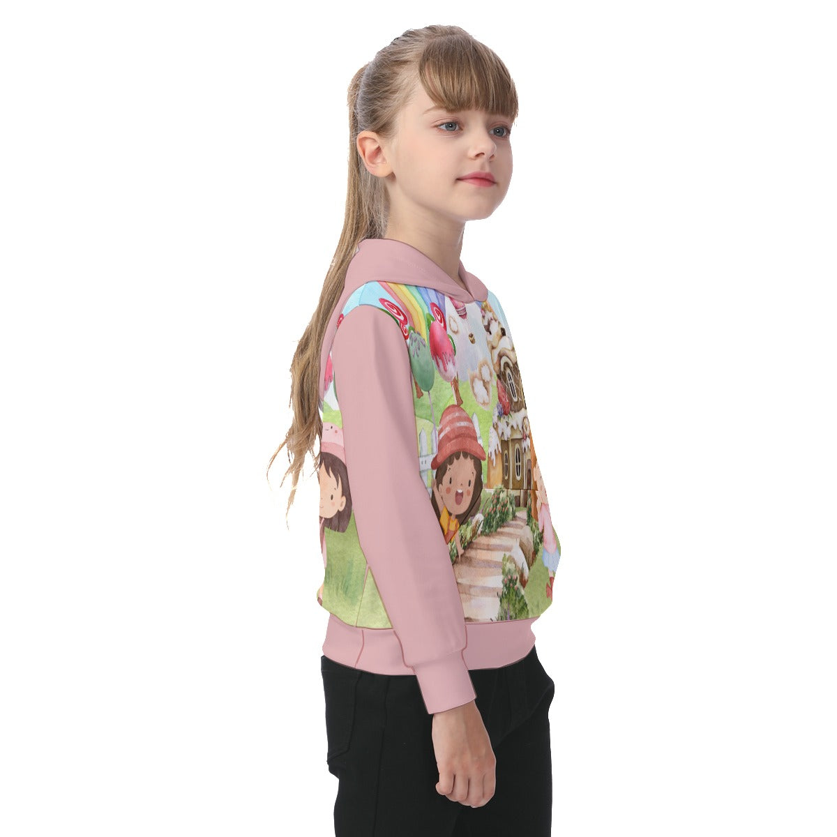 All-Over Print Oversized Kid's Hoodie Watercolor, Candy, Pastel, Lollypops, Chocolate, Treats, Dessert, Girls, Friends, Rainbow, Candy Shop, Hot Air Balloon, Cake Pops, Chocolate Clouds (Designed by Dunbi)