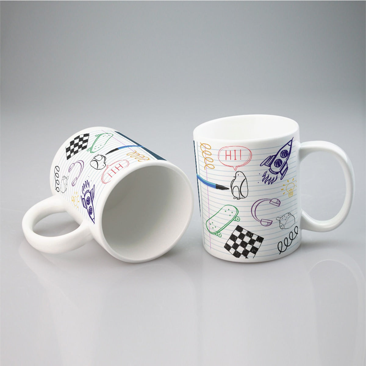 All-over print mug Back to School, Composition Notebook Style, Doodles, Scribbles, Writing, Boy, Blue (Designed by Dunbi)