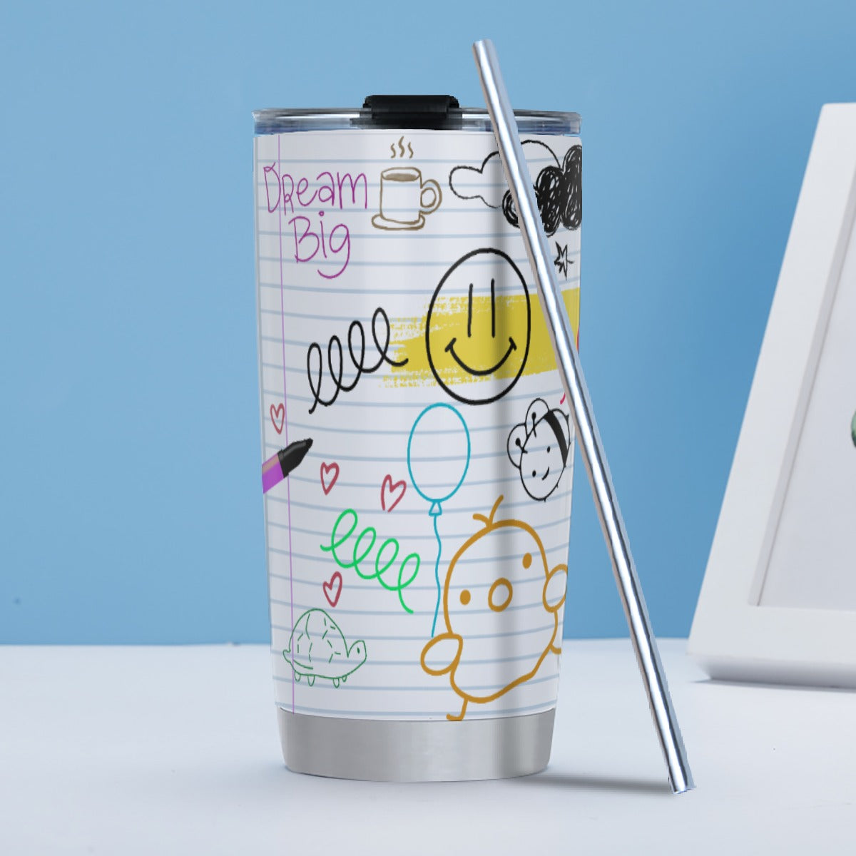 Tumbler 20oz (with Straw) Back to School, Composition Notebook Style, Doodles, Scribbles, Writing, Girl, Pink (Designed by Dunbi)