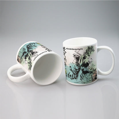 All-over print mug Japan, Japanese, Red, Blue, Green, Yellow, Architecture, Pretty Girl, Tiger, Kanji, Nature, Mountain, Watercolor (Designed by Dunbi)