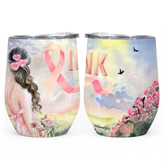 All-Over Print Egg Cup Wine Tumbler|12OZ Pastel Pink, Breast Cancer Awareness, Open Field, Day, Birds, Flowers, Bows and Ribbons, Watercolor Sunlight (Designed by Dunbi)