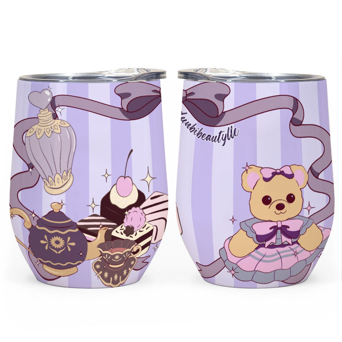 All-Over Print Egg Cup Wine Tumbler|12OZ Cute Teddy Bear, Tea Party, Ribbon, Bows, Cakes, Cute, Victorian, Doll, Cute Girl, Purple Style 1, Stirpes (Designed by Dunbi)