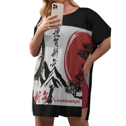 All-Over Print Women's Drop-Shoulder T-Shirt with Side Split and Shorts (Plus Size) Japan, Japanese, Red, Samurai, Pretty Girl, Tiger, Kanji, Mountains (Designed by Dunbi)