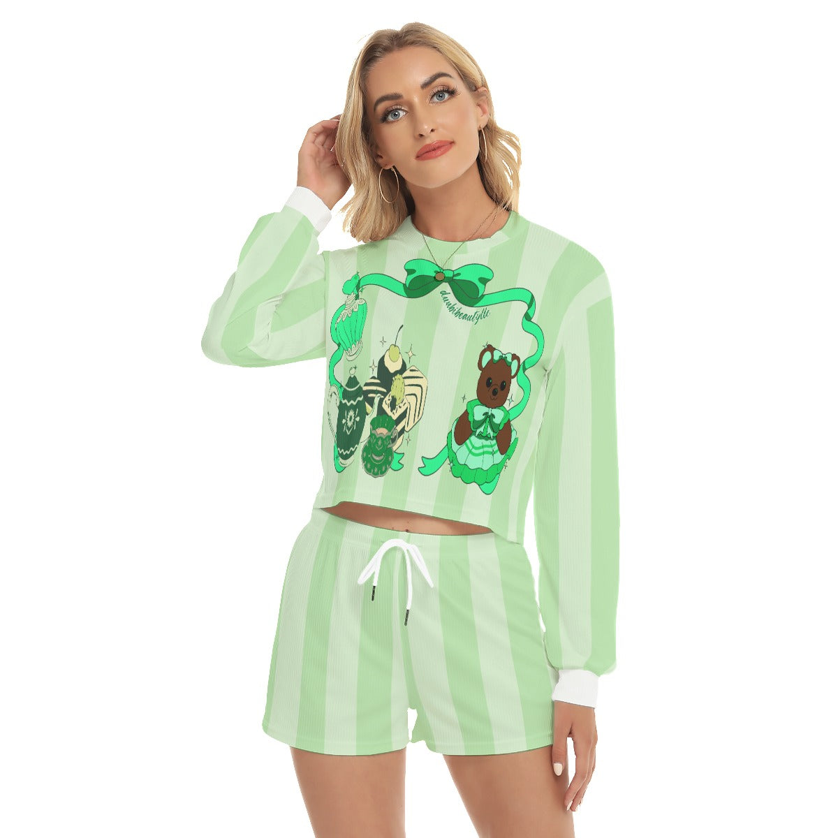 All-Over Print Women's Short Sweatshirt And Pants Suit Cute Teddy Bear, Tea Party, Ribbon, Bows, Cakes, Cute, Victorian, Doll, Cute Girl, Green Style 1, Stripes (Designed by Dunbi)