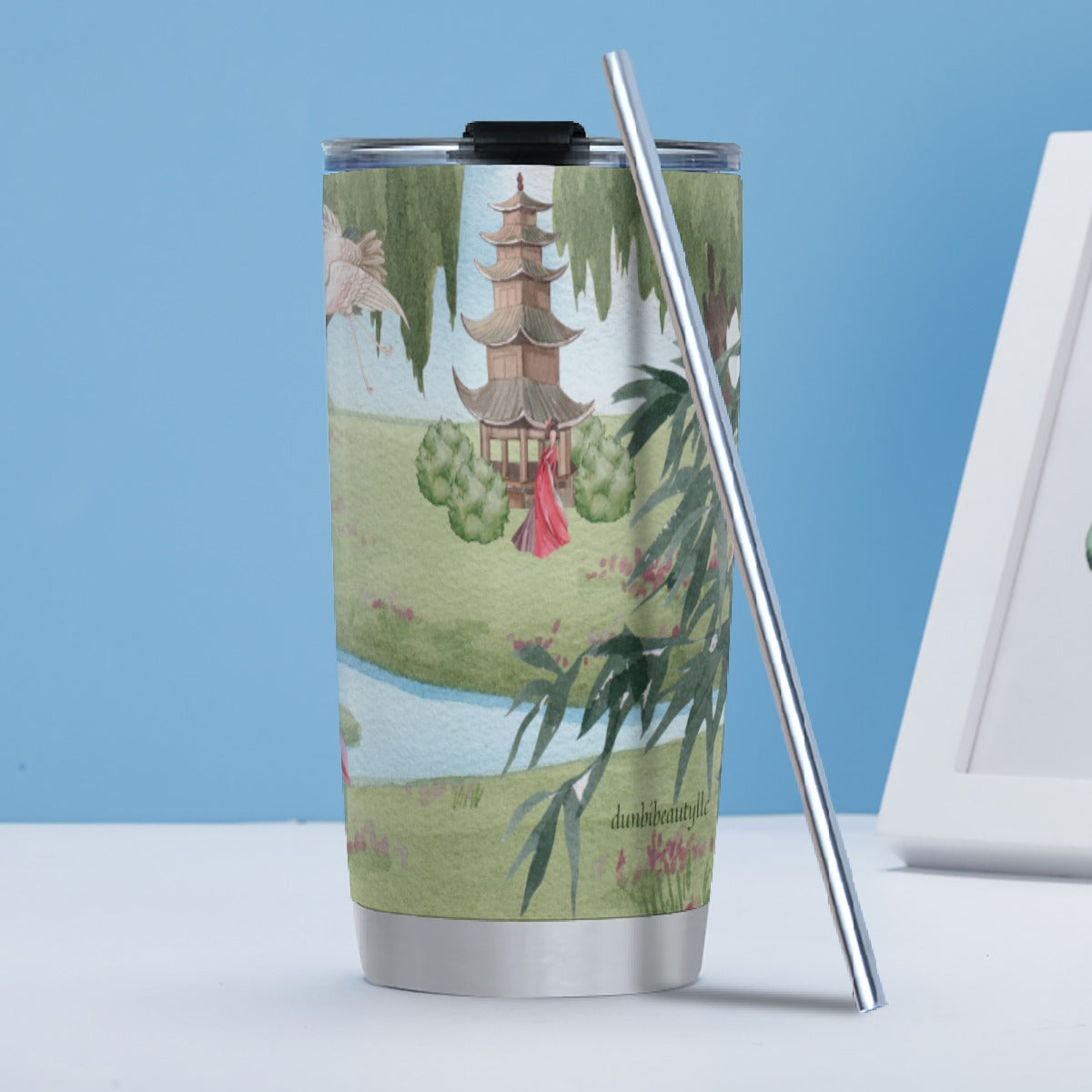 Tumbler 20oz (with Straw) Asian Garden, Beauty, Peace, Serenity, Home, Happiness, Crane, River, Historic, Chinese Dynasty, Hanfu (Designed by Dunbi)