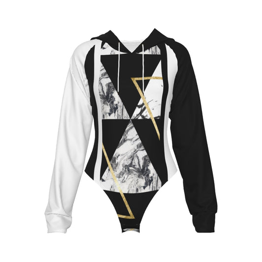 All-Over Print Women's Raglan Sleeve Hooded Bodysuit Black (Left Sleeve and Hood), Gold, White, Marble, Geometric, 90s Inspired, Retro (Designed by Dunbi)