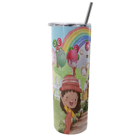 Glitter Tumbler With Stainless Steel Straw 20oz Watercolor, Candy, Pastel, Lollypops, Chocolate, Treats, Dessert, Girls, Friends, Rainbow, Candy Shop, Hot Air Balloon, Cake Pops, Chocolate Clouds (Designed by Dunbi)