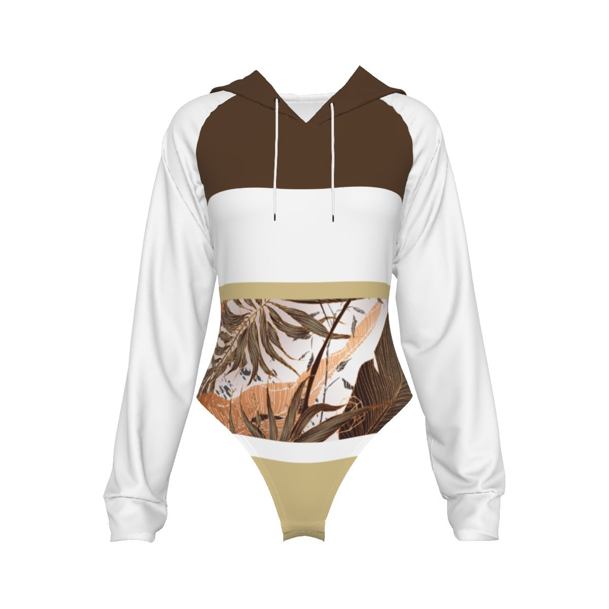 All-Over Print Women's Raglan Sleeve Hooded Bodysuit Dark Brown (Chest, Upper Back and Hood), Beige, White, Copper Gradient Leaves, Tropical, Rustic (Designed by Dunbi)