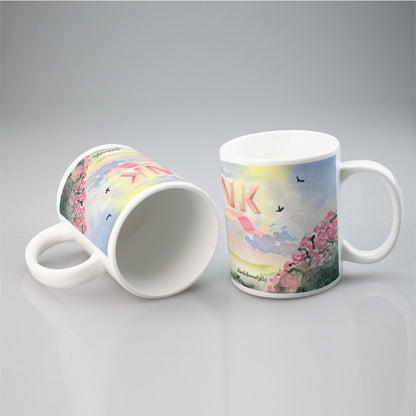 All-over print mug Pastel Pink, Breast Cancer Awareness, Open Field, Day, Birds, Flowers, Bows and Ribbons, Watercolor Sunlight (Designed by Dunbi)