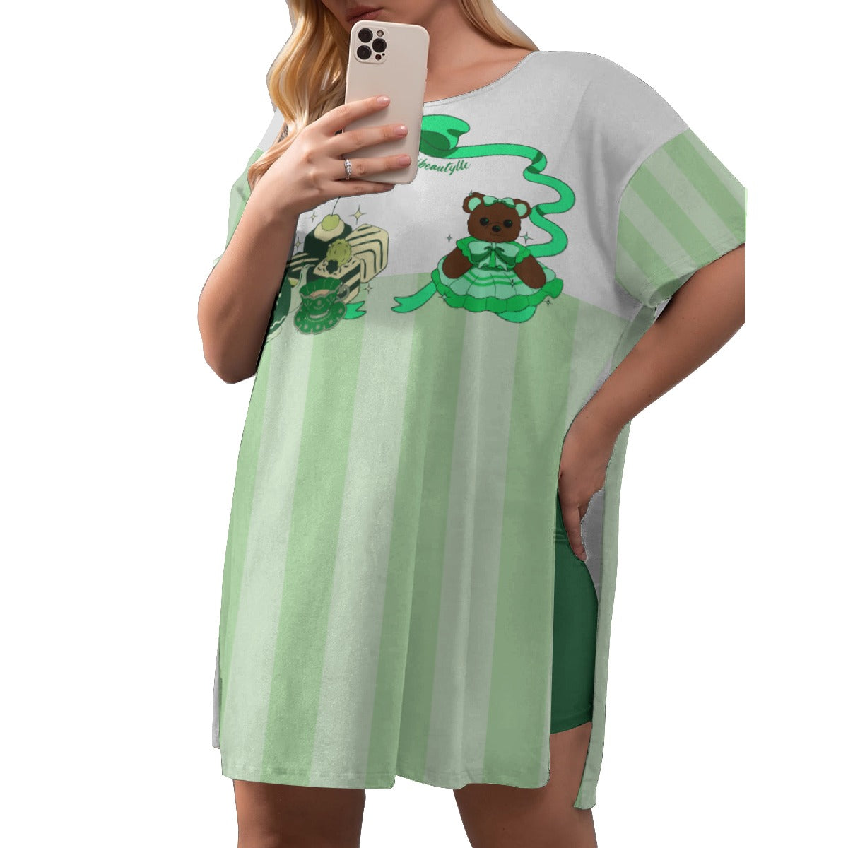 All-Over Print Women's Drop-Shoulder T-Shirt with Side Split and Shorts (Plus Size) Cute Teddy Bear, Tea Party, Ribbon, Bows, Cakes, Cute, Victorian, Doll, Cute Girl, Green Style 1, Stripes (Designed by Dunbi)