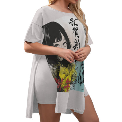 All-Over Print Women's Drop-Shoulder T-Shirt with Side Split and Shorts (Plus Size) Japan, Japanese, Red, Blue, Green, Yellow, Architecture, Pretty Girl, Tiger, Kanji, Nature, Mountain, Watercolor (Designed by Dunbi)