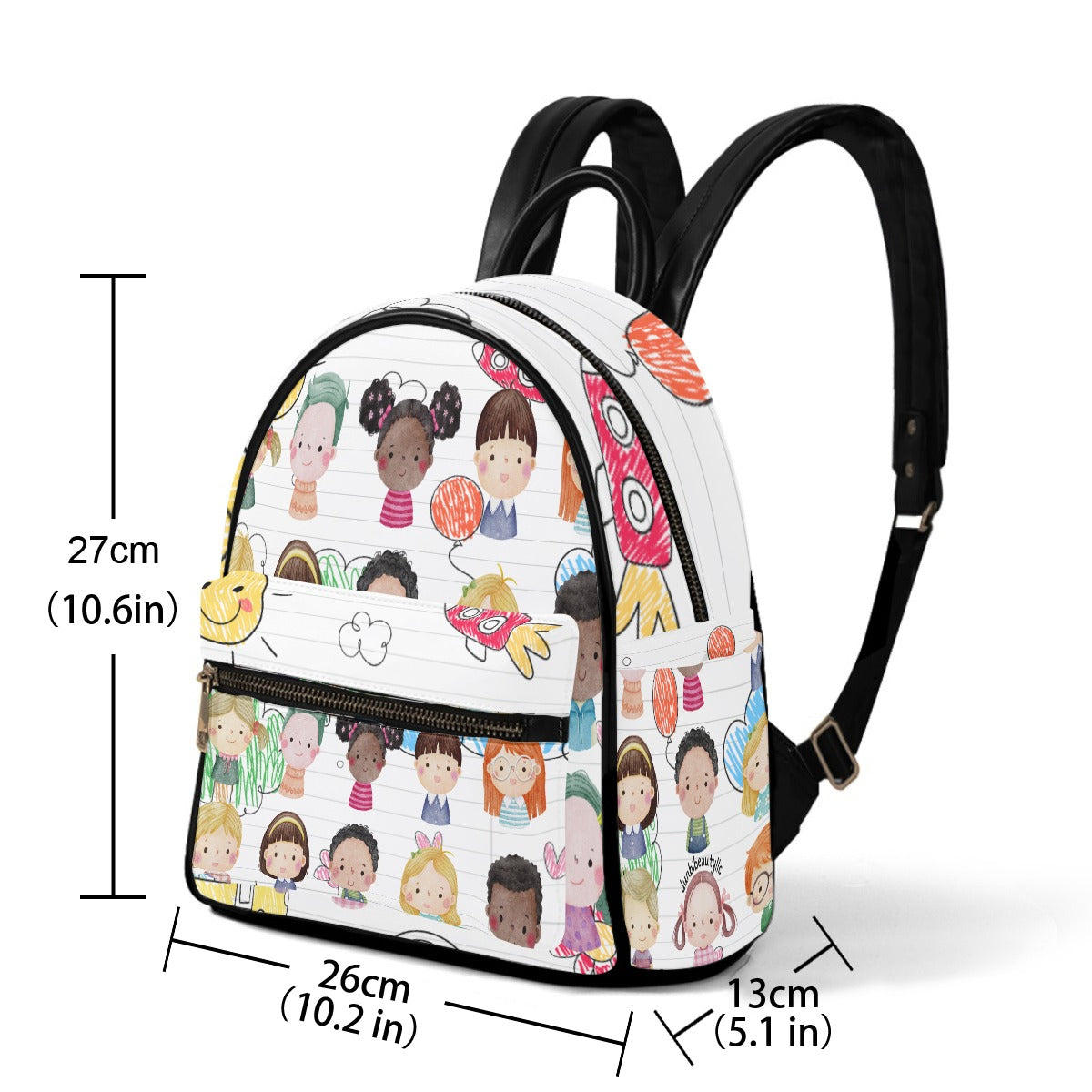 Small Size Backpack Kids, Notebook, Rocket, Sun, Smiley, School Bus, Tree, Flowers, Hearts, Clouds, Nature, Children, Boys, Girls, Friendship (Designed by Dunbi)