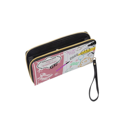 Long Wallet With Black Hand Strap Back to School, Composition Notebook Style, Doodles, Scribbles, Writing, Girl, Pink (Designed by Dunbi)