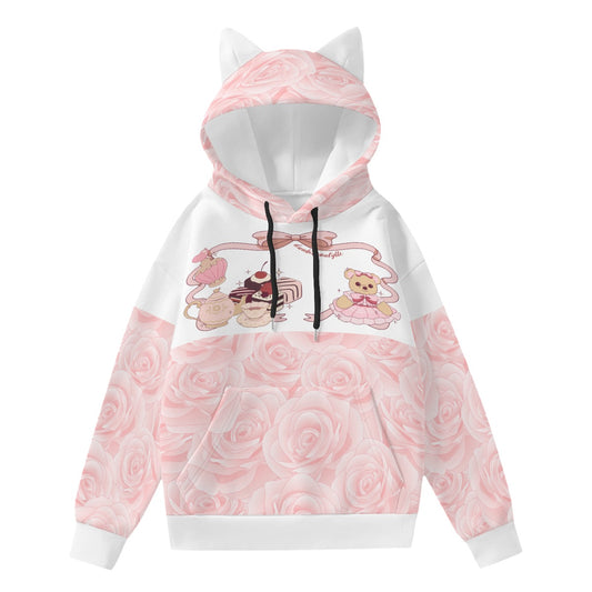 All-Over Print Women’s Hoodie With Decorative Ears Cute Teddy Bear, Tea Party, Ribbon, Bows, Cakes, Cute, Victorian, Doll, Cute Girl, Pink Style 2, Roses (Designed by Dunbi)