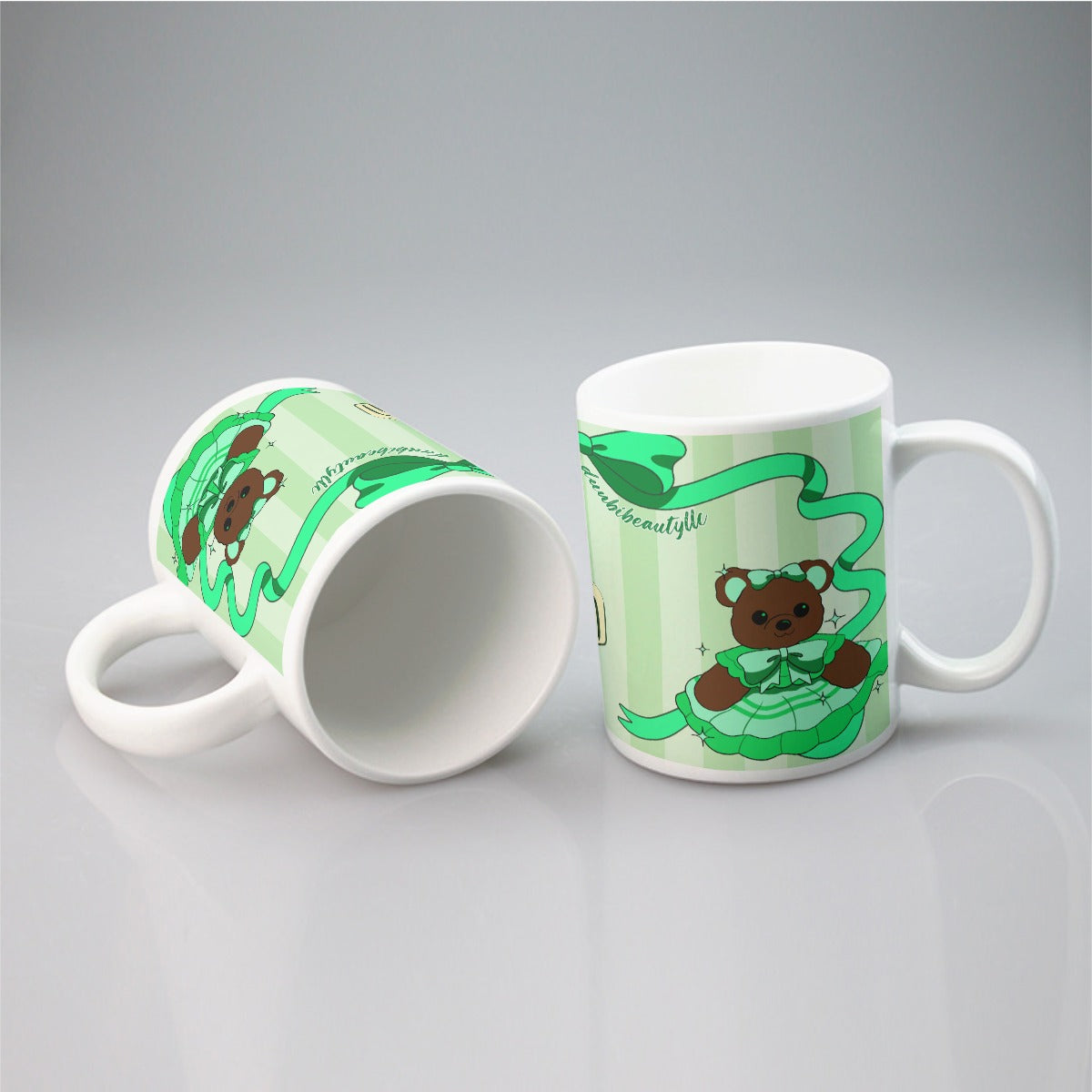 All-over print mug Cute Teddy Bear, Tea Party, Ribbon, Bows, Cakes, Cute, Victorian, Doll, Cute Girl, Green Style 1, Stripes (Designed by Dunbi)