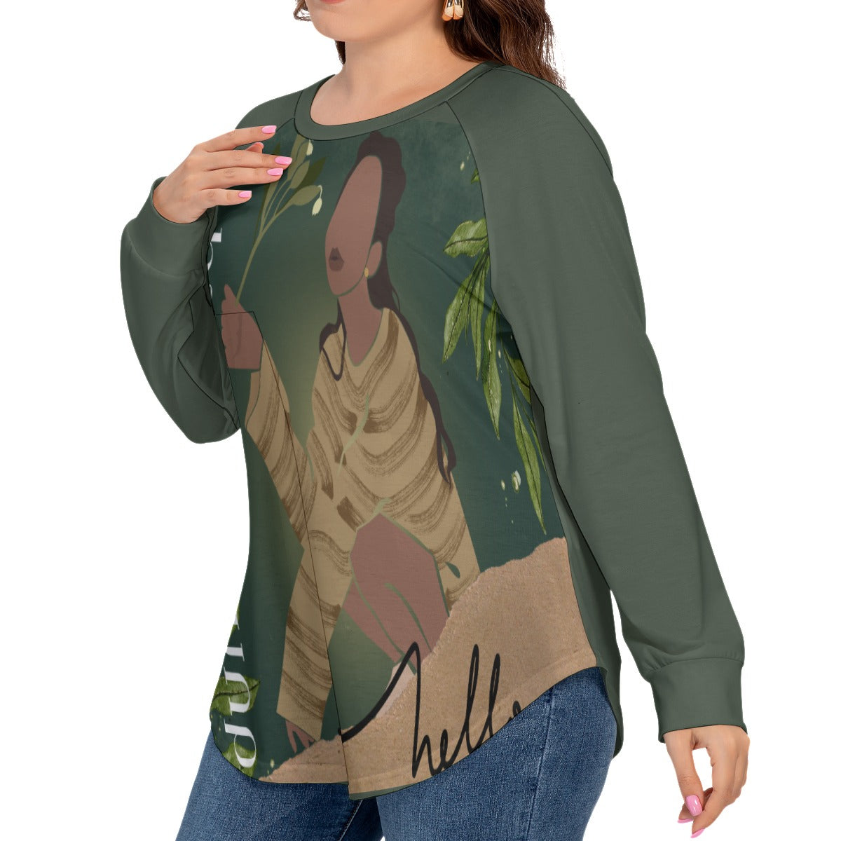 All-Over Print Women’s O-neck T-shirt With Raglan Sleeve(Plus Size) Black Woman with Flowers, Green, Grace, Beauty (Designed by Dunbi)