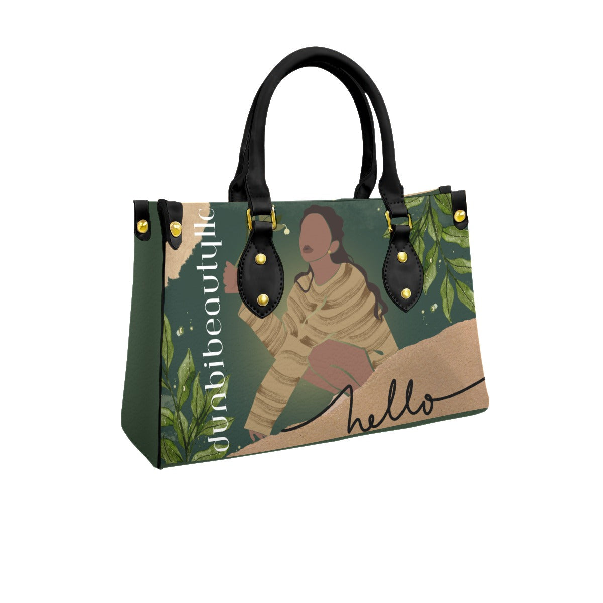 Women's Tote Bag With Black Handle Black Woman with Flowers, Green, Grace, Beauty (Designed by Dunbi)