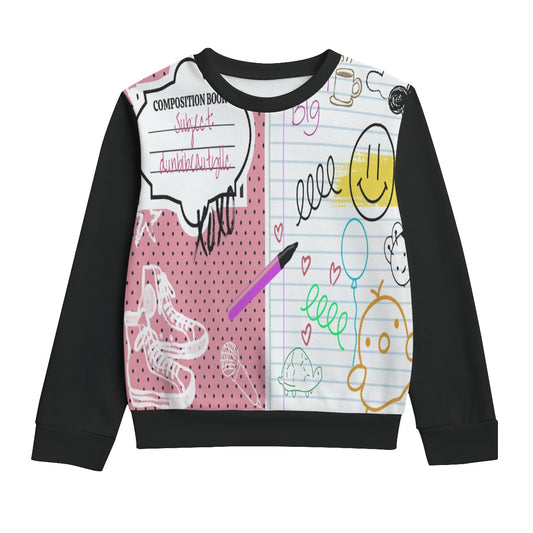 All-Over Print Kid's Round Neck Sweatshirt | 310GSM Cotton Back to School, Composition Notebook Style, Doodles, Scribbles, Writing, Girl, Pink (Designed by Dunbi)