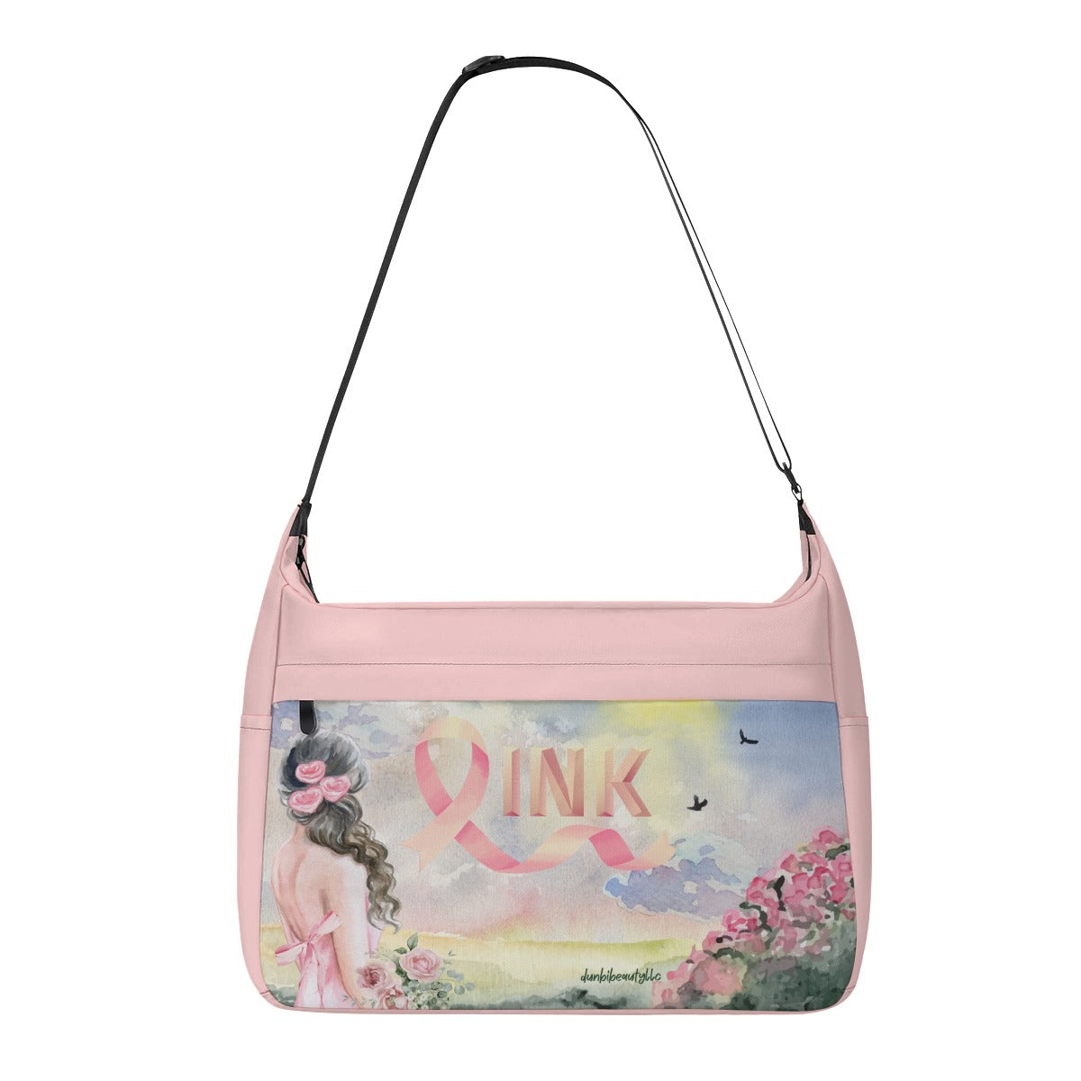 Messenger Bag Pastel Pink, Breast Cancer Awareness, Open Field, Day, Birds, Flowers, Bows and Ribbons, Watercolor Sunlight (Designed by Dunbi)