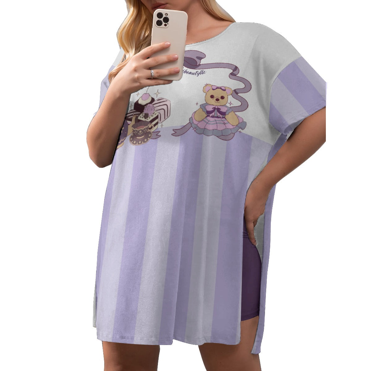 All-Over Print Women's Drop-Shoulder T-Shirt with Side Split and Shorts (Plus Size) Cute Teddy Bear, Tea Party, Ribbon, Bows, Cakes, Cute, Victorian, Doll, Cute Girl, Purple Style 1, Stripes (Designed by Dunbi)