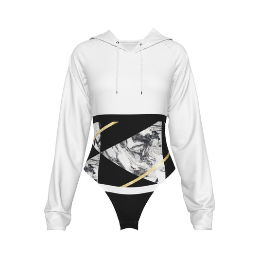 All-Over Print Women's Raglan Sleeve Hooded Bodysuit Black, Gold, White (Upper Body Only), Marble, Geometric, 90s Inspired, Retro (Designed by Dunbi)