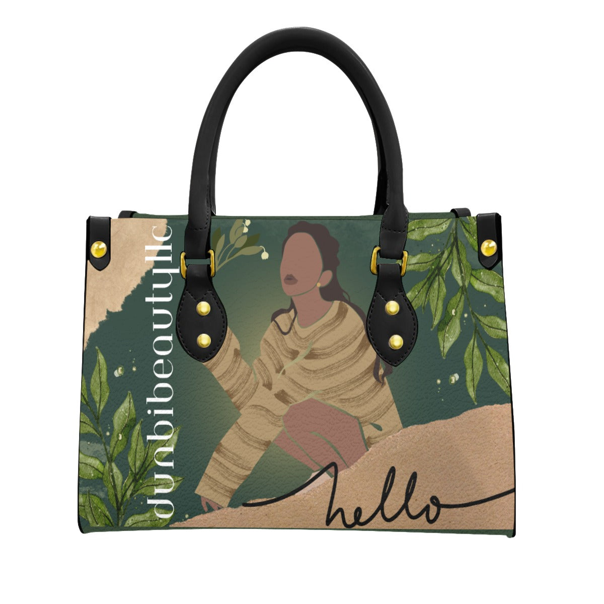 Women's Tote Bag With Black Handle Black Woman with Flowers, Green, Grace, Beauty (Designed by Dunbi)