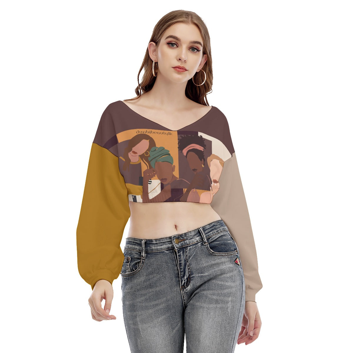 All-Over Print Women's V-neck Long Sleeve Cropped Sweatshirt Afro Latinas, Latinas, Community, Beauty, Grace, Style, Fashion. Trendsetters (Designed by Dunbi)