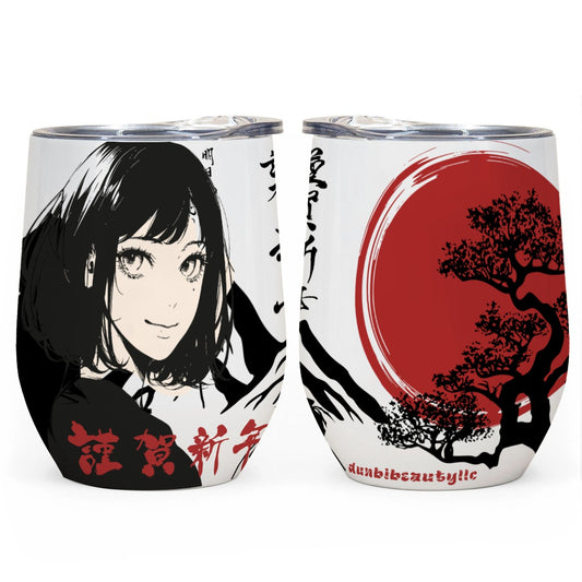 All-Over Print Egg Cup Wine Tumbler|12OZ Japan, Japanese, Red, Samurai, Pretty Girl, Tiger, Kanji, Mountains (Designed by Dunbi)